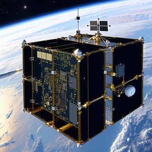 A Small Spacecraft Is Seen In The Image, Flying Through The Sky