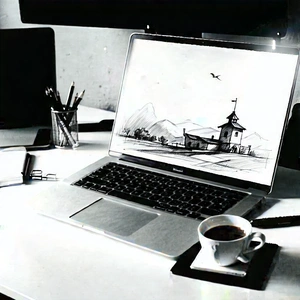 Business Charcoal Drawing: Workplace with laptop and coffee on desk