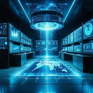 Tech Drone Photography: Financial Technology In Research Center With Futuristic Setting,