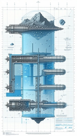 A Large Blue Structure Is Shown In A Drawing, With A Series Of Tubes And Pipes Running Through It