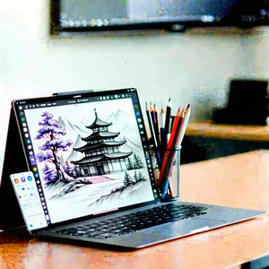 Tech Pastel Drawing: Laptop With User Interface With Laptop Computer