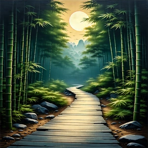 Nature Woodcut Print: Path Through Bamboo Grove With Serene Forest