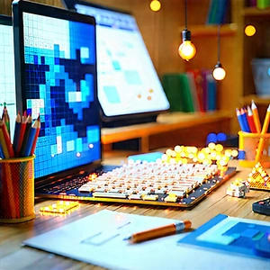 Educational Technology In Design Studio With Wooden Desk