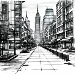Urban Ink Drawing: Urban Shopping District Scene With City Street