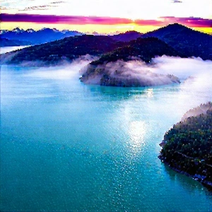Nature Aerial Photography: Mist Over Alpine Lake With Beautiful Mountain