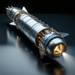 A Large Silver Rocket Ship Is Sitting On A Gray Surface