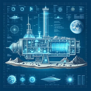 The Image Is A Blue And White Illustration Of A Space Station