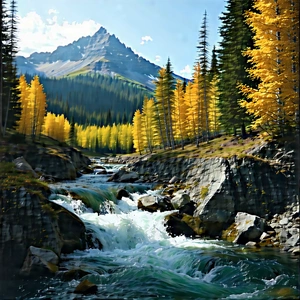 Nature Stock Photography: (mountain:1.32) Stream Surrounded By Autumn Trees With Beautiful Scene
