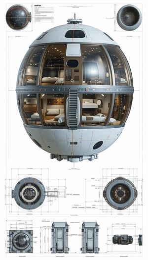 The Image Is A Drawing Of A Space Station, Which Is A Large, Round, And White Structure
