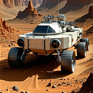 A Futuristic Vehicle Is Driving On A Dirt Road In A Desert-like Environment