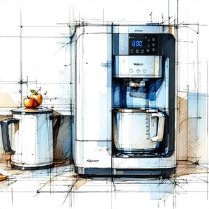 Tech Ink Drawing: Innovative Smart Appliance Design With Kitchen Scene