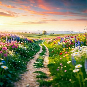 Nature Tilt-shift Photography: Path Through Flowering Meadow With Beautifully Drawn