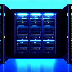 Server rack with blue light (glow:1.32)