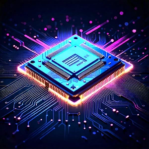 Tech Charcoal Drawing: Microchip with neon accents