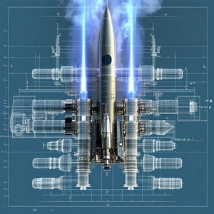 A Rocket Ship Is Shown In A Blue Background, With A Long Line Of Engines On The Bottom