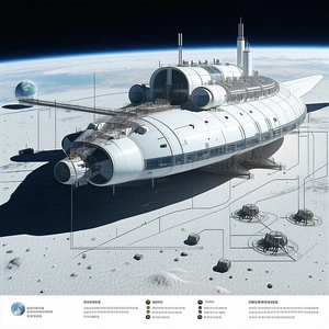 A Large White Spacecraft Is Docked On A Moon Base