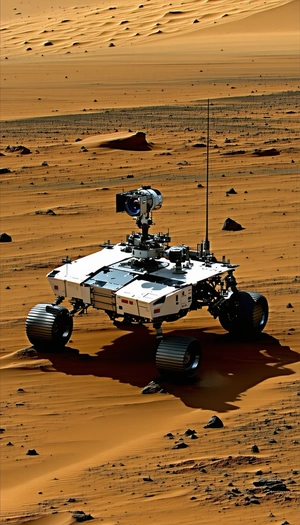 A White Robotic Vehicle With A Camera On Top, Driving Across A Sandy Terrain