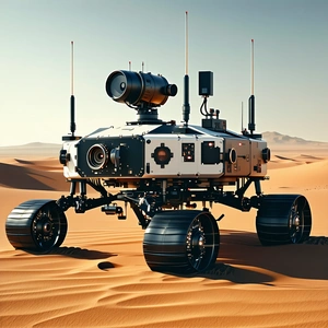 A Futuristic Robot Is Standing In A Desert, With Its Large Wheels And Multiple Antennas