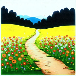 Nature Ink Drawing: Path Through Flowering Meadow With Beautifully Drawn