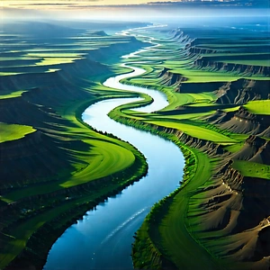 Nature Etching: Aerial View Of Winding River With Beautiful River