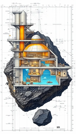 A Large, Modern House Is Depicted In A Drawing, With A Large Rock In The Foreground