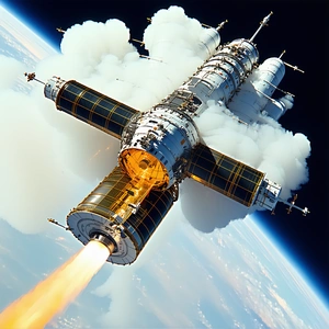 A Space Shuttle Is Shown In A Close-up View, With Its Engines On