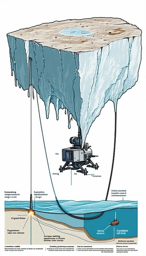The Image Is A Cartoon Drawing Of A Submarine With A Large Iceberg Floating Above It