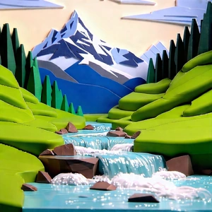 Nature 3d Render: Mountain Stream Surrounded By (mountain:1.12) Peaks With Beautifully Crafted