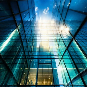 Urban Macro Photography: Glass Office Tower With (dramatic:1.14) (lighting:1.41) With Large Building