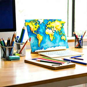 Business Watercolor Painting: Workplace with modern office supplies on desk