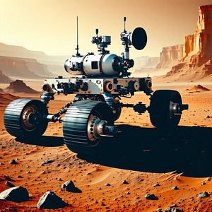 A Futuristic Robotic Vehicle Is Driving Across A Rocky Terrain