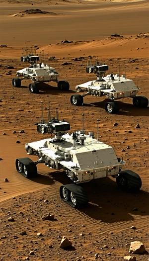 There Are Four White Robots On A Dirt Surface, Each With A Different Design