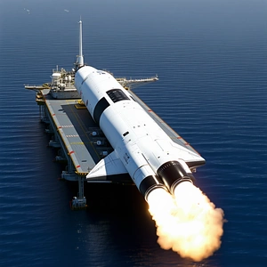 A Space Shuttle On A Large Boat, Floating On The Water