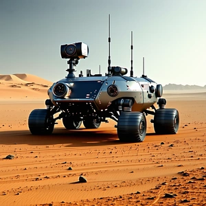 A Large Robotic Vehicle Is Driving Across A Desert Landscape