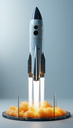 A Rocket Ship With A Long, White, And Blue Tail