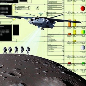 A Group Of Soldiers Is Standing On A Moon-like Surface, With A Helicopter Hovering Above Them
