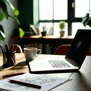 Business Pencil Sketch: Workplace With Laptop And Coffee On Desk With Wooden Desk