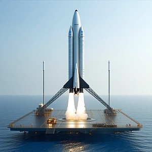 A Large Rocket Ship On A Platform In The Ocean
