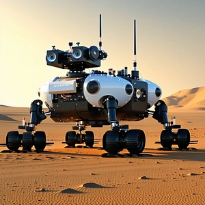 A Large Robot Is Standing On A Sandy Surface, Possibly A Desert