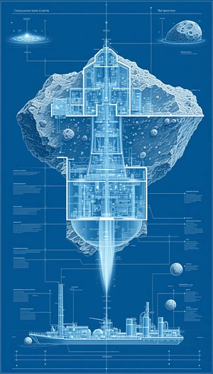 A Blue And White Drawing Of A Space Station Is Shown