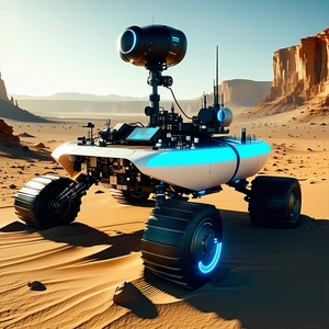 A Futuristic Vehicle With Four Large Wheels, Resembling A Tank Or A Rover