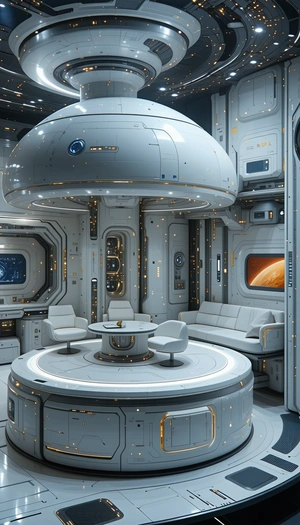 In This Futuristic Space, There Is A Large White Dome With A Round Table In The Center