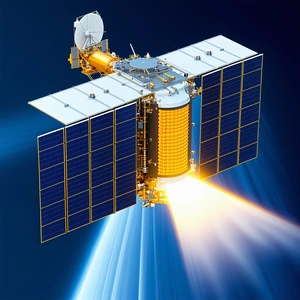 A Spacecraft Is Shown In A Close-up View, With Its Solar Panels And Antennae Clearly Visible