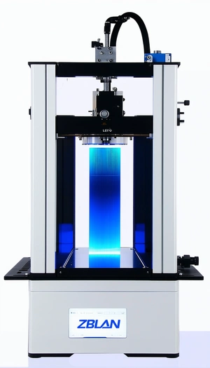 A White Machine With A Blue Light Shining Through It
