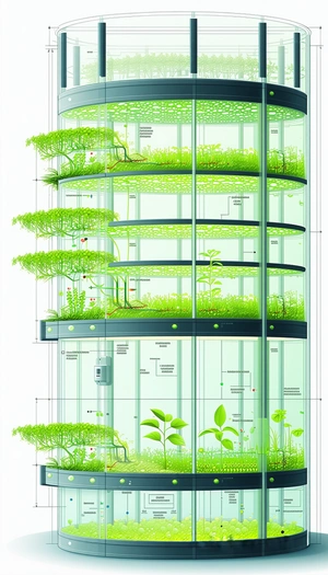 The Image Is A Drawing Of A Large, Multi-level Greenhouse Filled With Various Plants