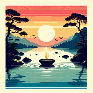 Lifestyle Woodcut Print: Wellness Scene With Aromatherapy With Serene Scene