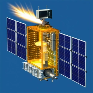 A Spacecraft Is Shown In A Blue Background, With A Bright Light Coming From The Front