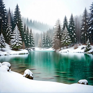 Nature Graphic Design: Crystal Clear Lake Surrounded By Snow-covered Trees With Image, There