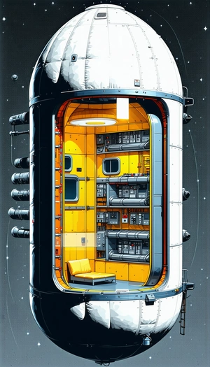 In The Image, There Is A Large, Yellow Spacecraft With A Futuristic Design