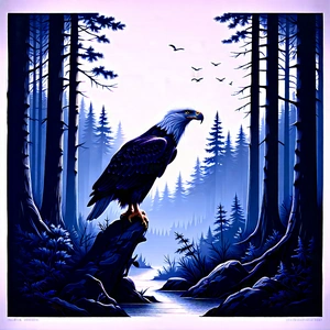 Nature Woodcut Print: Eagle In Forest Environment With Majestic Bald